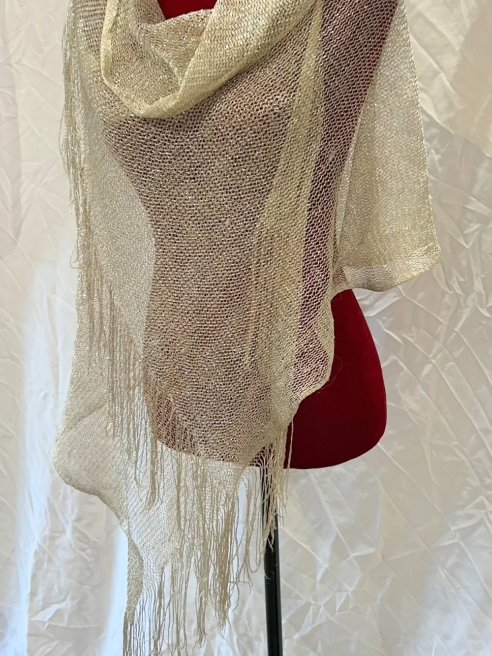 Glitter Metallic Champagne/Gold Shawl Wrap Open Weave Fringe Evening Scarf Glam